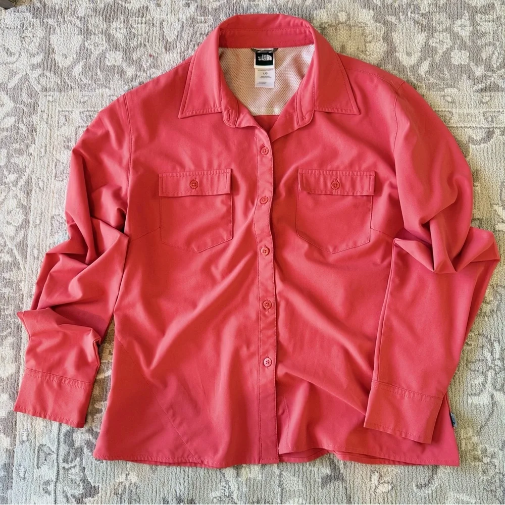 The North Face Coral Pink Button-Up Shirt Women Large Outdoor Hiking Lightweight